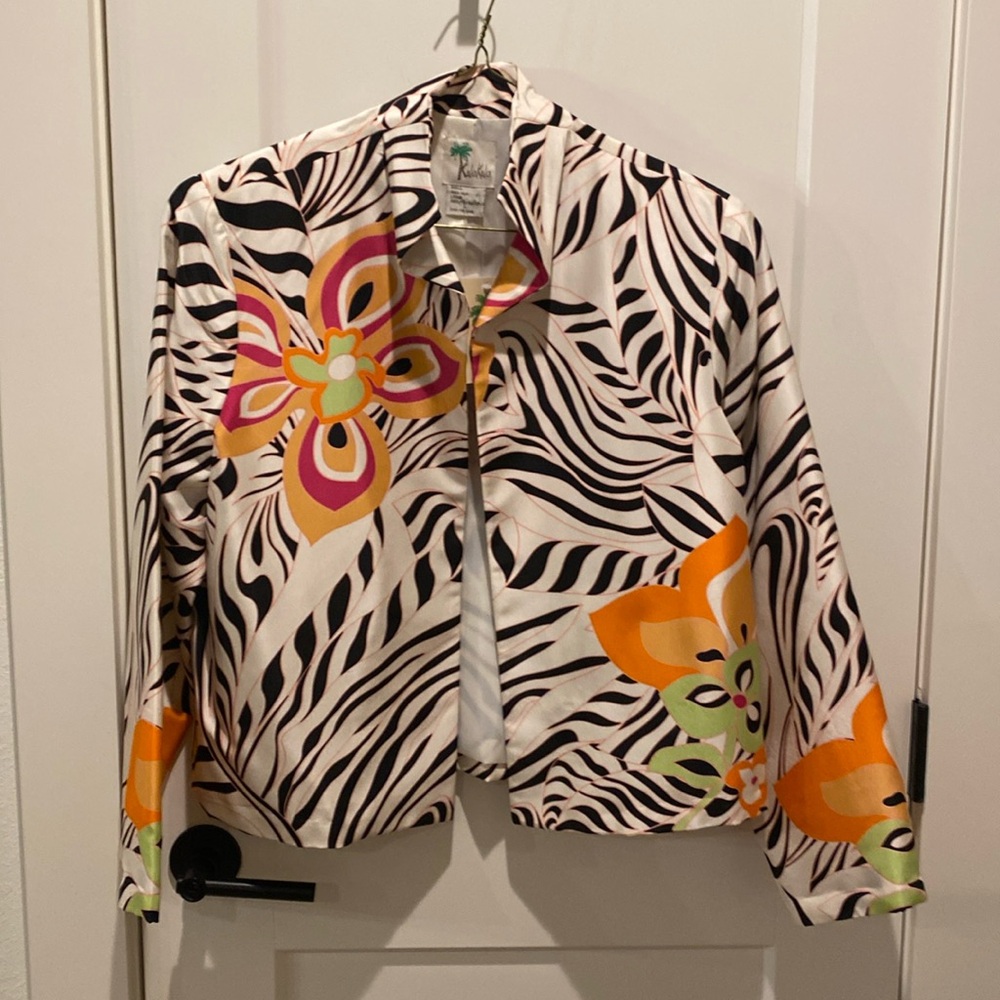KulaKula Ladies Silk Jacket. Black Design with Colorful Flowers. Size L